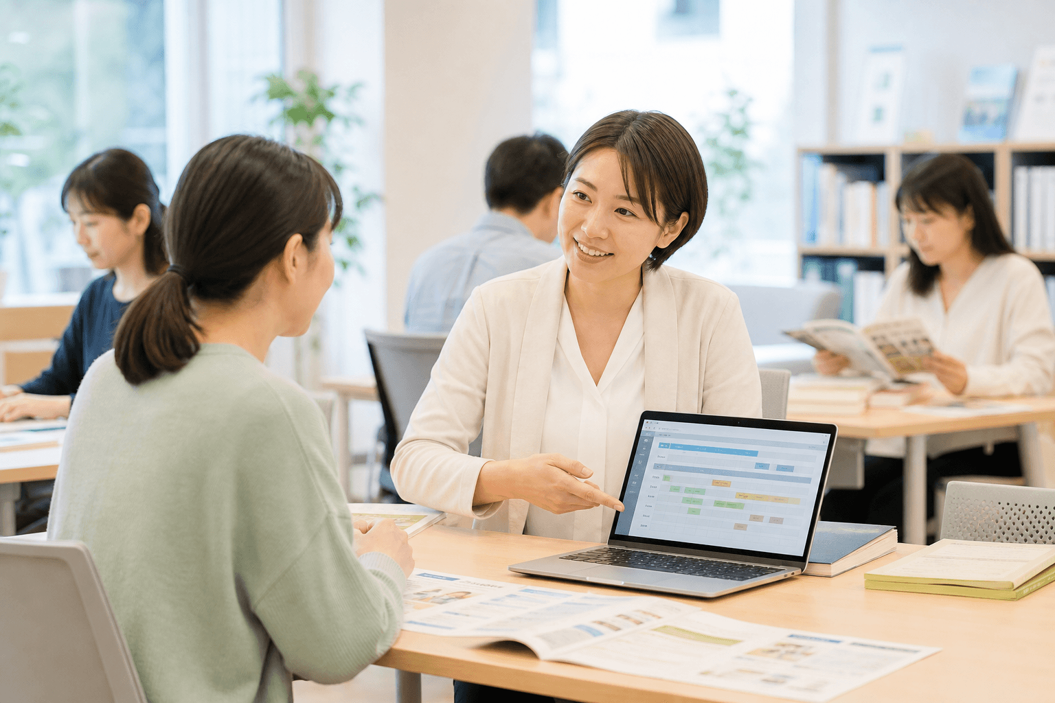 スクール運営で講師が受講者に講座内容を案内している様子