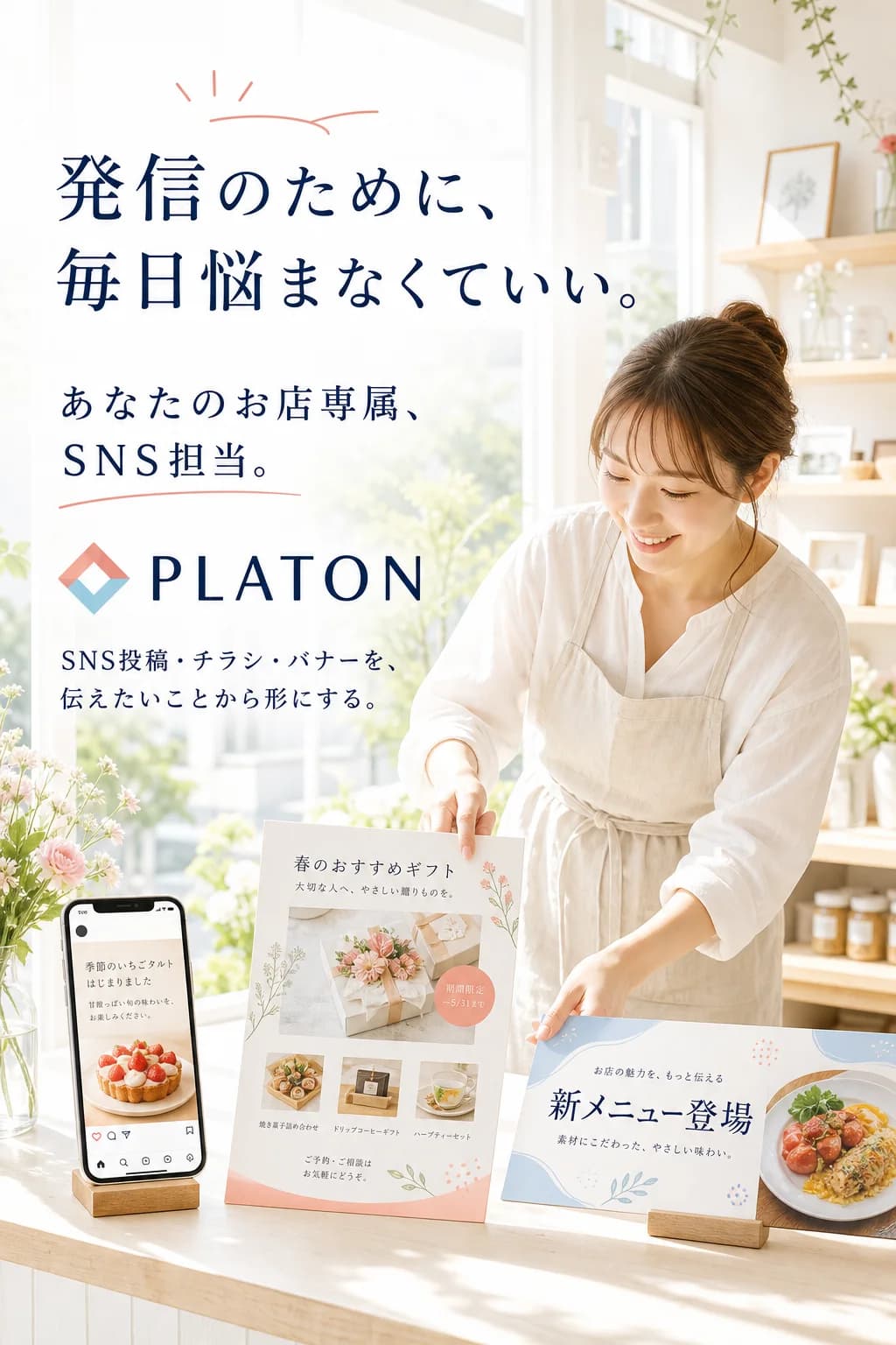 SNS投稿、チラシ、バナーを明るい店舗でつくるお店専属のSNS担当PLATONの案内