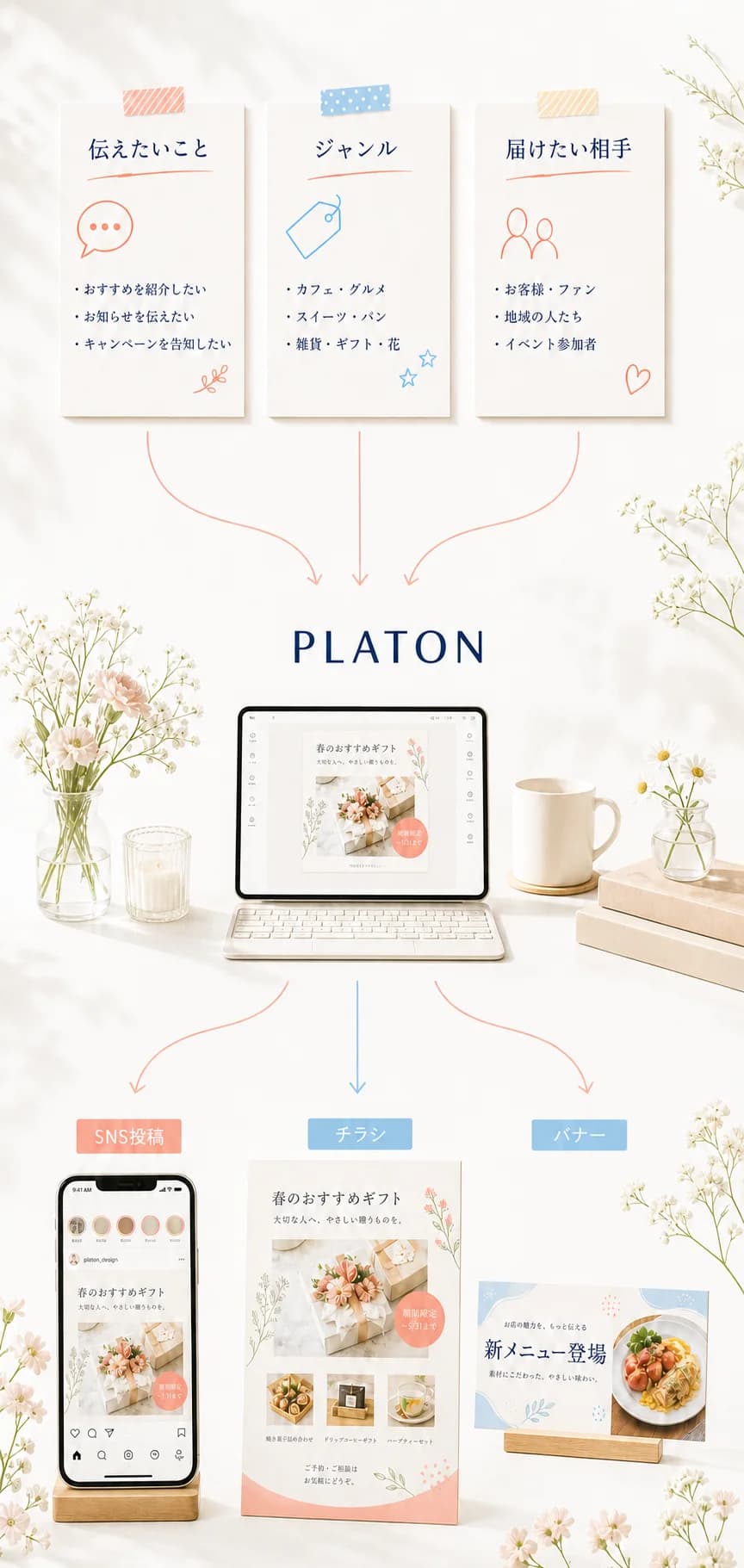 伝えたいこと、ジャンル、届けたい相手を伝えるだけで、PLATONがSNS投稿、チラシ、バナーをつくる流れ