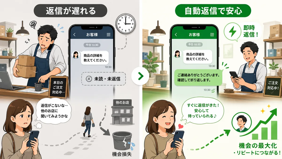 返信が遅れると顧客が他店へ流れて機会損失になる一方、自動返信なら即時に返せて顧客が安心して待ち、リピートと機会の最大化につながることを対比した図