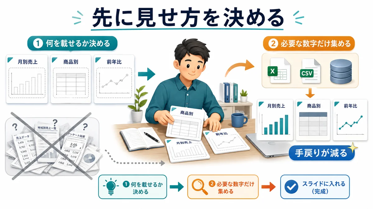 先に見せ方を決める手順の図解：①何を載せるか決める→②必要な数字だけ集める→③スライドに入れる、で手戻りが減る