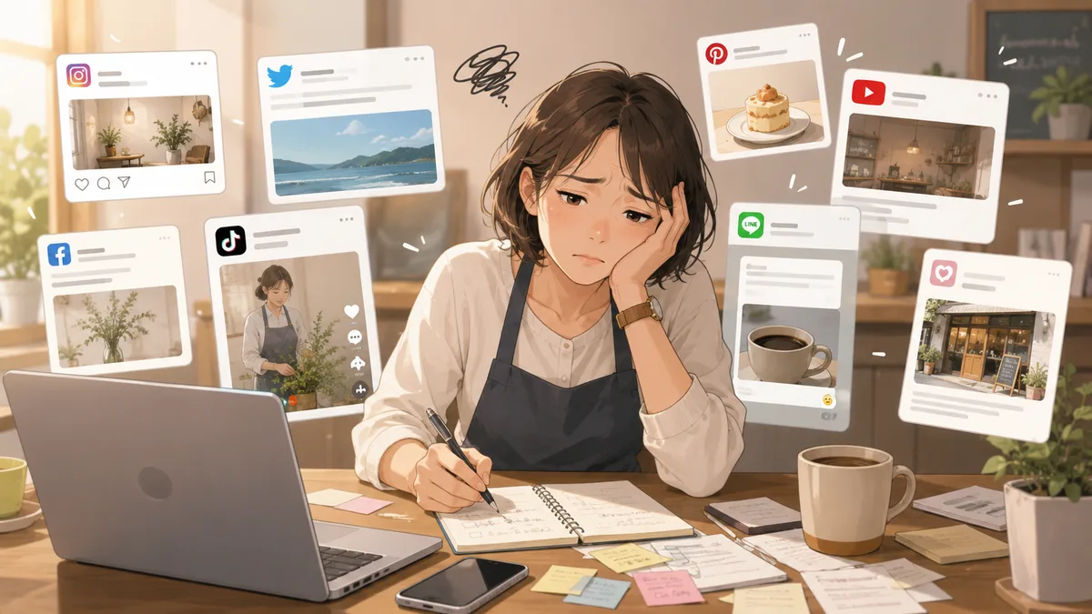 エプロン姿のお店の店主が、Instagram・X・Facebook・TikTok・YouTube・LINEなど複数のSNS投稿に囲まれ、ノートを前に疲れた表情で頭を抱えている様子