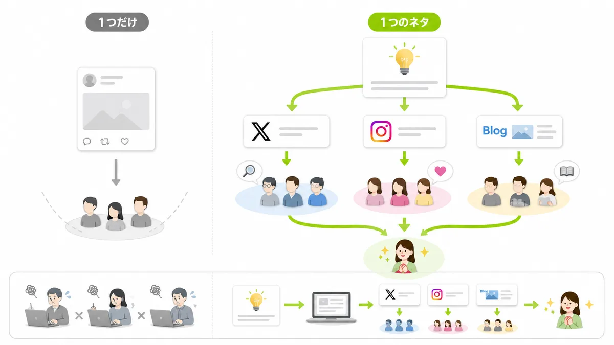 SNS運用の比較図。左は「1つだけ」で1媒体に投稿しても届く人が限られる様子、右は「1つのネタ」をX・Instagram・ブログの3媒体に展開し、それぞれ違う層の見込み客に届いて成約につながる流れを示している